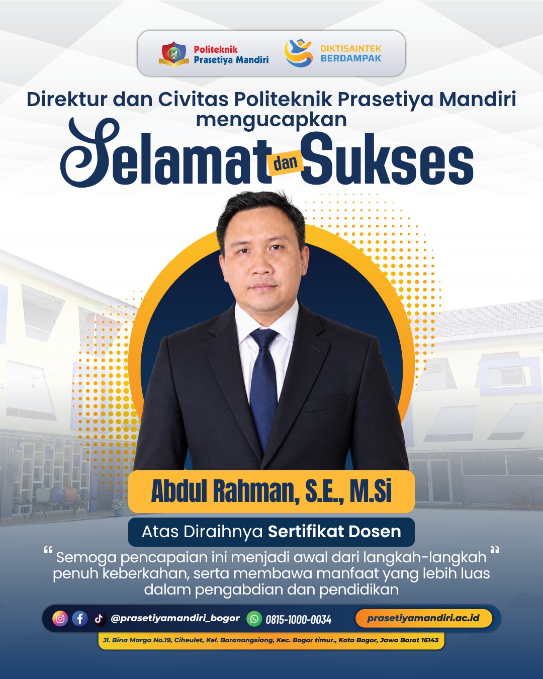Ucapan Selamat atas Diraihnya Sertifikat Dosen Bapak Abdul Rahman, S.E., M.Si